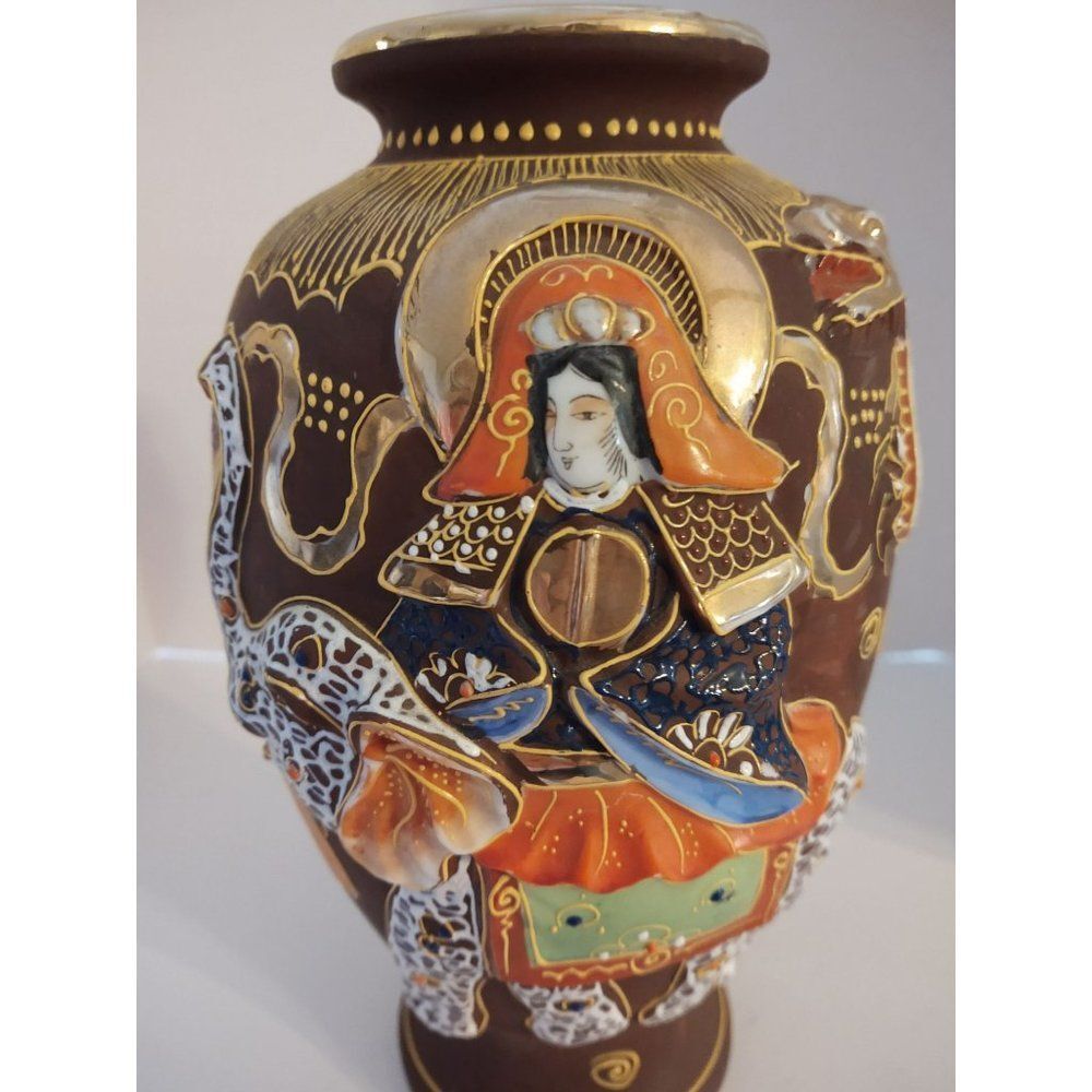 DRAGON MORIAGE Large Vase w/ Woman Riding an Elephant Man Gold Beading 9 3/4"